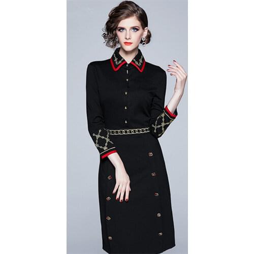 Runway 2020 Autumn Winter Vintage Office Lady Business Dress Women 's Long Sleeve Turn Down Collar Buttons Embroidery Dresses