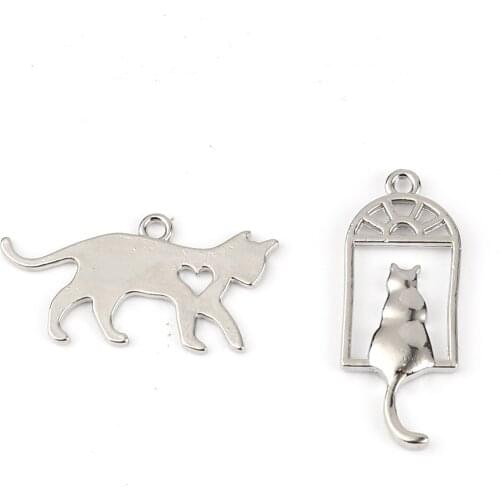 Cartoon Cat Animal Pendants Window Heart Hollow Gold/Silver Color Chamrs DIY Making Earrings Necklace Jewelry Findings,50PCs