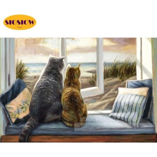 5d Diy Cat Diamond Embroidery Cross Stitch Pictures Mosaic Diamond Painting Cats And Kittens Scenery With Window Home Decoration