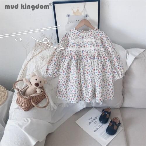 Mudkingdom Girls Floral Dress Cute Long Puff Sleeve Lace Neck Button Spring Autumn Princess Dresses Kids Casual Children Clothes