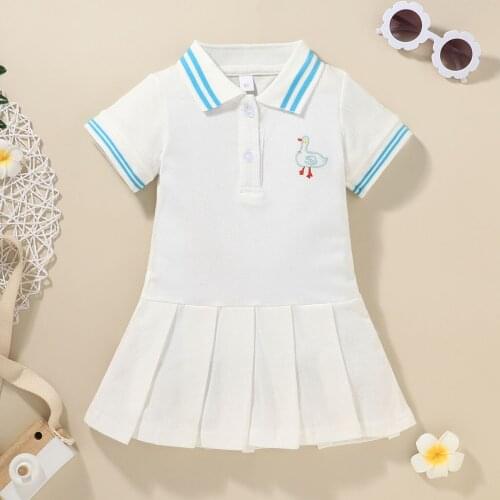 2021 newest arrival Children Duck Embroidery A-line Dress Girls Short Sleeve Lapel Neck Pleated Dress with Buttons