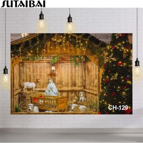 Jesus Nativity Newborn Christmas Background Photography Photo Studio for Child Kids Baby Birthday Party Xmas Tree Wood Backdrop