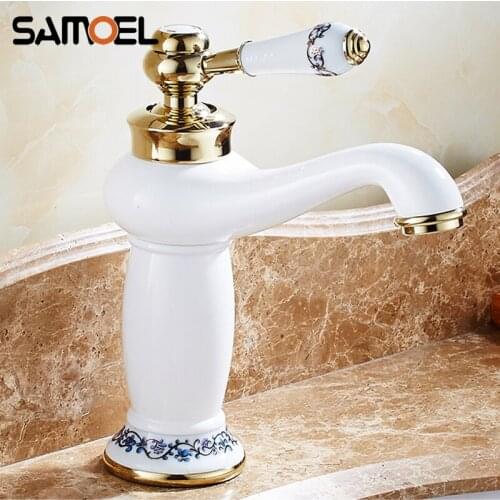 Classic Economic White Paint Bathroom Sink Faucet Deck-Mounted Single Hole Basin Mixer Water Tap With Porcelain W3061