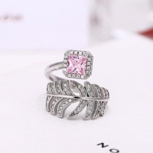 925 Sterling Silver Luxury Crystal Leaf Rings for Women Jewelry Fashion Open Adjustable Finger Ring