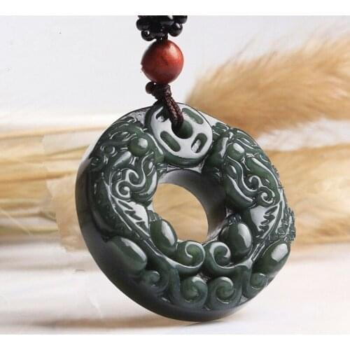 100% Natural Dark Green HETIAN Stone Pendant Round Peace Buckle PIXIU Pendant Necklace Fashion Mens Fashion Jewelry