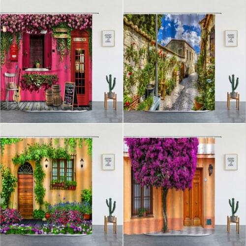 Landscape Shower Curtains Set Rural Style Street Architecture Flower Plant Scenery Wall Hanging Bathroom Decor Screen With Hooks