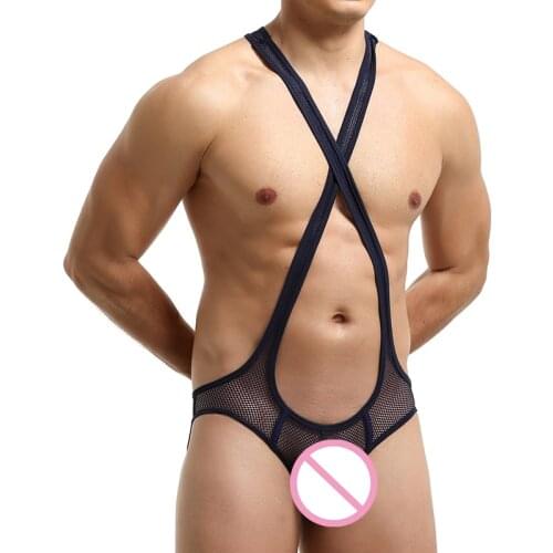 Men Undershirts Lingerie Mesh Transparent Jumpsuits Jockstrap Wrestling Singlet One-piece Leotard Erotic Open Butt Gay Bodysuits