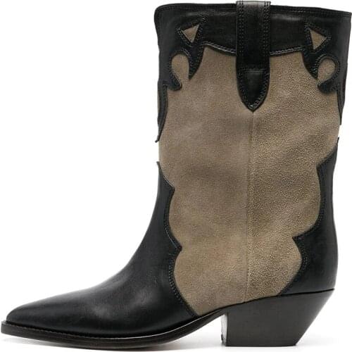 New Cowboy Boots Ladies Leather Low-Heel Pointed Toe Ankle Boots Women Slip-On Mid-Tube Shoes Women Winter botas de mujer