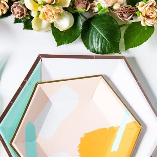 8Pcs Gold Blocking Disposable Tableware Paper Plates Straws Birthday Party Wedding Decor Carnival Tableware Baby Shower Supplies