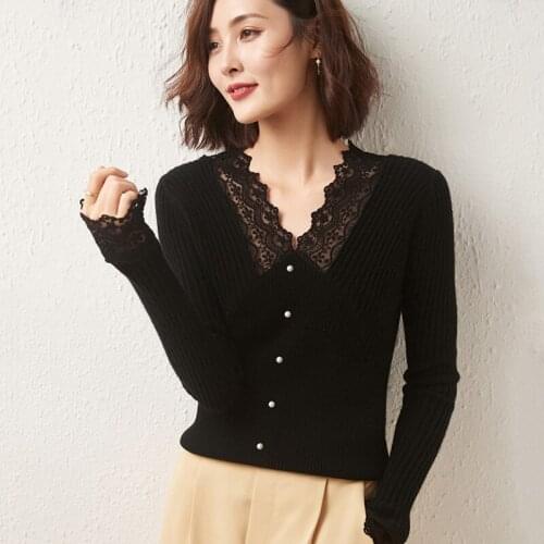 LHZSYY 2021 Autumn and Winter Womens new lace trim Pure Wool Sweater Slim-fit Pullover V-Neck versatile tight-fitting Cashmere