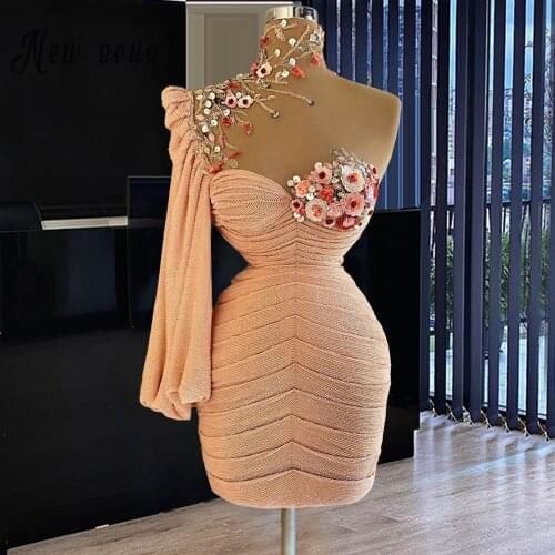 Chic Pink Beading Cocktail Dresses Flowers Crystals Long Sleeves Short Formal Party Gowns Robe de Cocktail vestido de festa