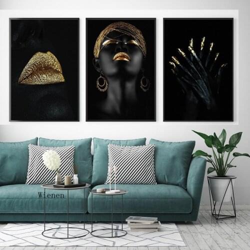 Modern Africa Black Sexy Girl Poster Gold Lips Wall Art Canvas Painting Picture for Living Room Office Home Decor and Prints
