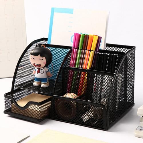 Steel Mesh Desk Organizer 6-Cells Pencil Pen Holder Caddy with 1pcs post-it Sticker for Home Office School Desk Accessories