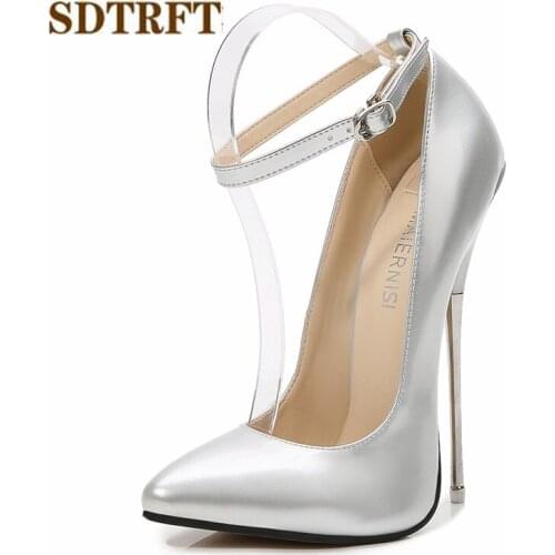 SDTRFT women Nightclubs shoes Crossdresser Pointed Toe Buckle RED Pumps 16cm sexy Metal Thin high heel T-stage Catwalk Stilettos