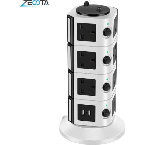 Vertical Power Strip Multiple Surge Protector Extension Socket Individually Switched Plug Outlet USB Charging Station 2m Cable