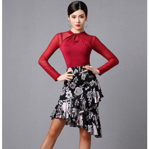 Latin Dance Practice Clothes Female Long Sleeve Shirt Flower Print Skirt Rumba Tango Samba Salsa Rumba Dance Costumes DQL3030