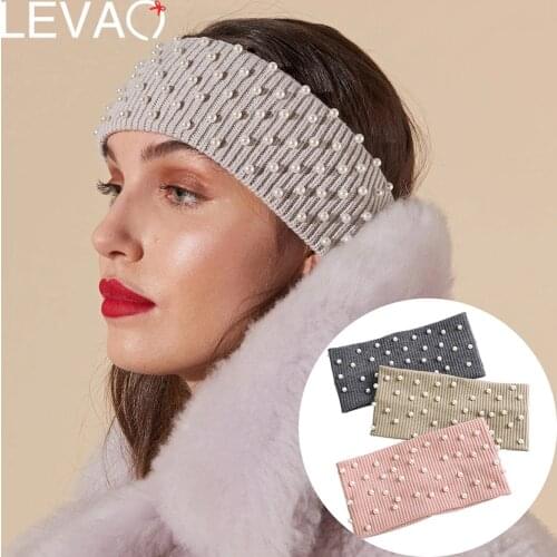 Levao Knitting Ear Warmer Headband For Women Turban Bandana On Head Pearl Elastic Hairband Autumn Winter Warm Hair Accessories