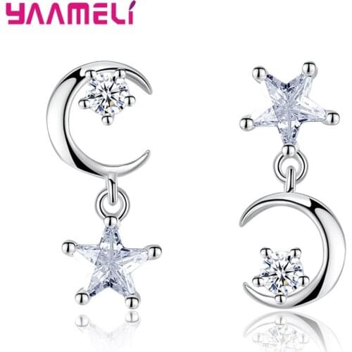 925 Silver Earrings Jewelry Moon/Star Asymmetric Punk Pendientes for Decoration Clear Cubic Zirconia Ear Brincos for Lady