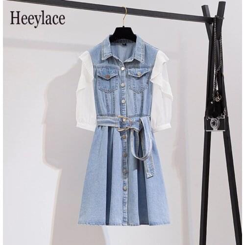 Women Summer ruffles patchwork denim dress single breasted high waist jean dresses white chiffon sleeve and blue denim dress