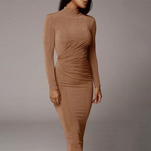 Khaki Turtleneck Ruched Dress Women New Skinny Long Sleeve Pencil Dress Spring Slim Streetwear Solid Casual 2021 Autunm Winter