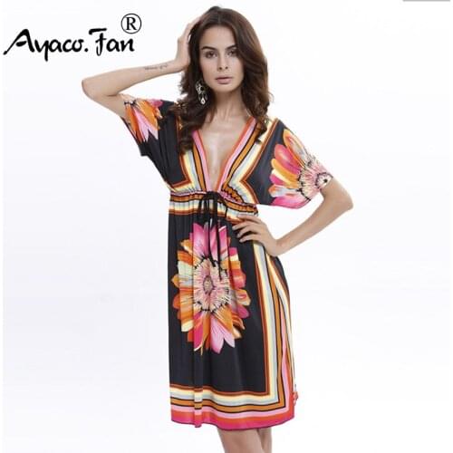 7 Colors Summer Style Casual Silk Dresses Women Dress Sexy Deep V-Neck Sundresses Ethnic Floral Print Tunic Female Beach Dresses