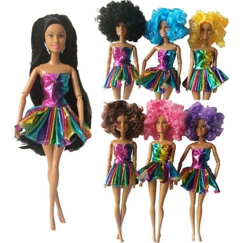 1set 1/6 Movable Joint African Doll Toy with Summer Rainbow Color Pincess Party Dress 29cm Brown Skin doll Set