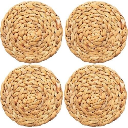4 Pieces Water Hyacinth Woven Placemats 7 Inch Round Braided Rattan Tablemats Heat-Resistant Handmade Straw Woven