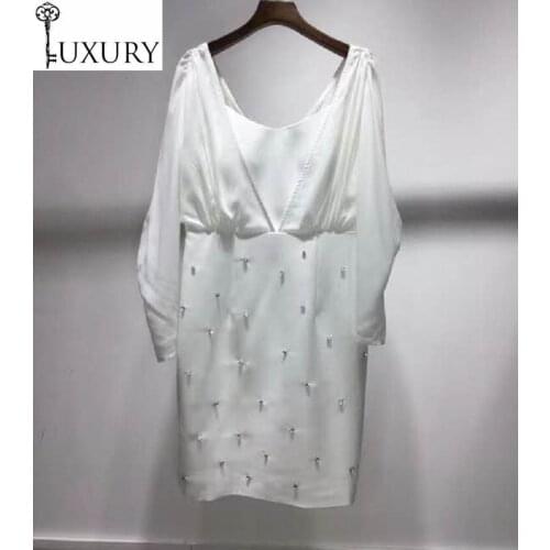 White Fashion 2020 Autumn High Quality Ladies V-Neck Crystal Beading Deco Long Sleeve Sexy Party Club Dress for Woman