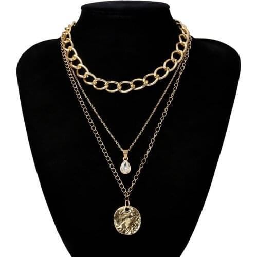 Free Shipping Multilayered Chain Choker Necklace Women Punk Chunky Curb Link Chain Crystal Irregular Coin Gold Necklace