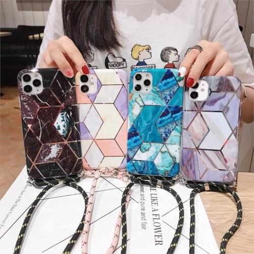 Plating Geometric Marble Phone Case for iPhone XS 11 Pro Max XR X 7 8 6 6S Plus Necklace Cord Chain Hanging Rope Crossbody Cover