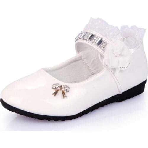 Flower Girls Shoes Spring Autumn Princess Lace PU Leather Shoes Cute Bowknot Rhinestone For 3-11 Ages Toddler ShoesMoccasins