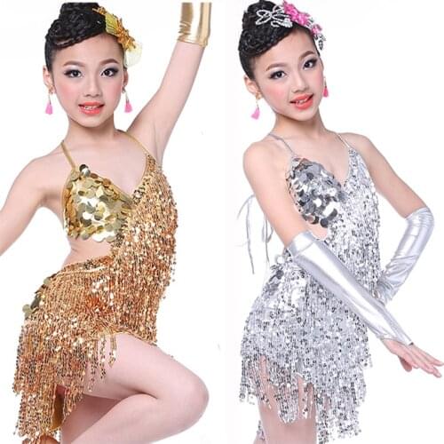 Child kid children professional latin dance dress for girls ballroom dancing dresses for kids red sequin fringe salsa tassel