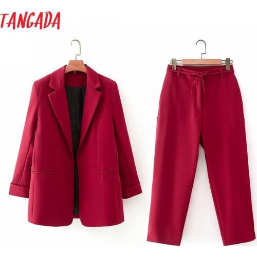 Tangada Tracksuit Sets Office Lady Work Womens Set Red Blazer Pants Set 2021 Suit 2 Piece Set Coat and Pants DA92