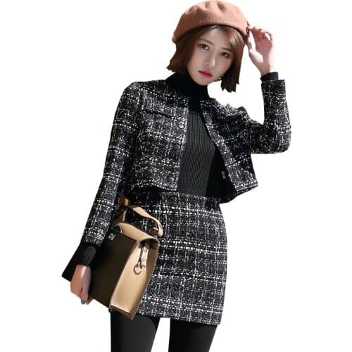 Fashion suit female autumn and winter ladies temperament small fragrance wind tweed short jacket bag hip skirt small two-piece