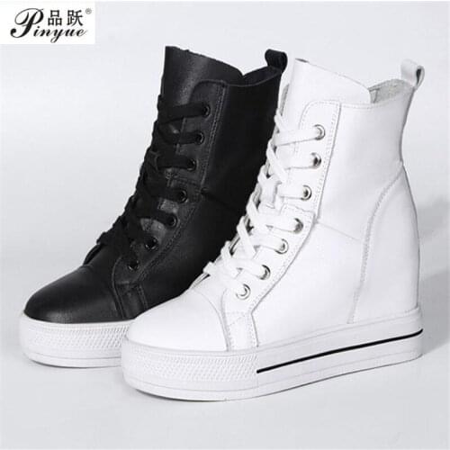 Women Genuine Leather 8cm Hidden Wedge Sneakers Platform Shoes High Heels Sneakers Woman Casual Shoes White Women Trainer