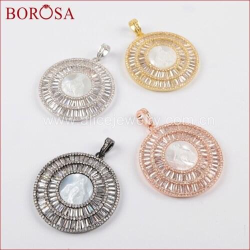 BOROSA White Shell Pendants Multicolor CZ Micro Pave Crystal Round Pendant Bead Druzy Jewelry Gems Pendant for Wholesale WX820