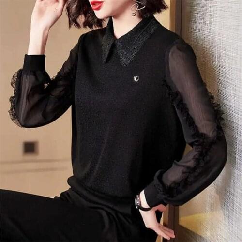 Lace Purfle Chiffon Shirts Work Femme Blouse Black Lantern sleeve Mesh Pullover Tops Women Blusas Formal Profession Casual Shirt