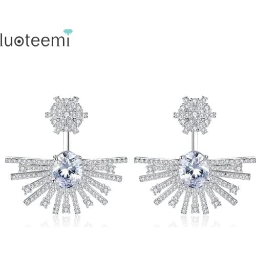 LUOTEEMI Vintage Jewelry Micro Paved Shining Zirconia with One Big Oval CZ Sector Pendant Double Side Stud Earrings for Wedding