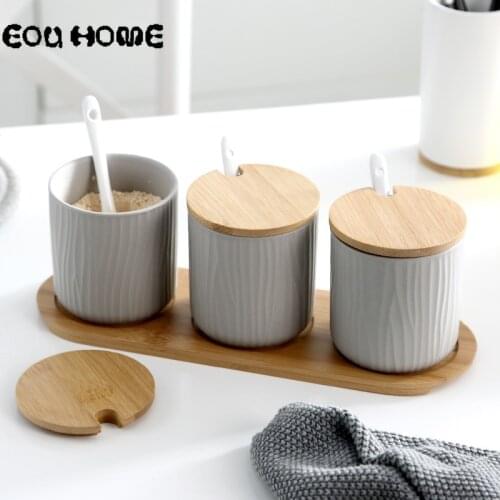 Multipurpose Ceramic Storage Bottles with Bamboo Lid Round Seasoning Jars Salt Sugar Sesame MSG Spice Jars Kitchen Accessories