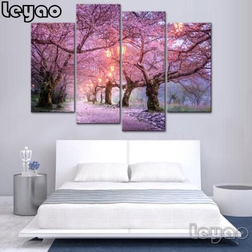 4 Pieces 5d diy diamond painting full square round Pink Cherry Blossoms Tree Landscape embroidery mosaic For Living Room art