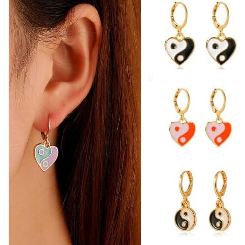 Simple Style Couple Jewelry Chinese Tai Chi Alloy Pendant Gold Color metal Heart Drop Earring for women Girls Lover best Gift