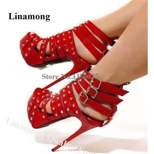 Linamong Sexy Red Patent Leather Straps High Platform Rivets Gladaitor Sandals Stiletto Heel Studds High Heel Sandals Club Shoes