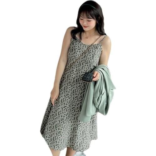 Suspender V-neck open back 2021 summer new large womens dress full girl age reduction high waist medium length flower band dres