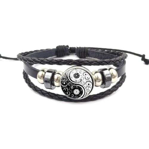 Yin Yang Tai Chi String Leather Bracelet Black and White Braided Multilayer Leather Jewelry For Women Mens Gifts
