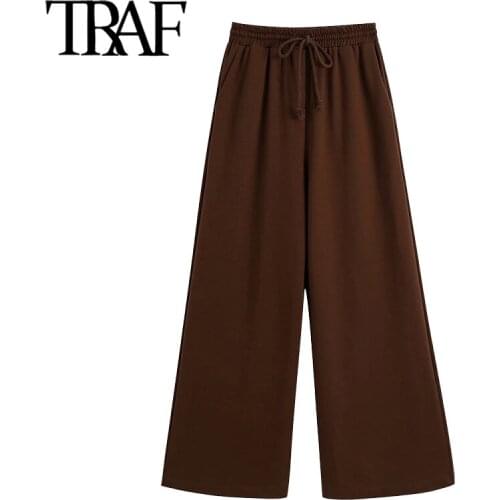 TRAF Women Fashion Side Pockets Wide Leg Pants Vintage High Elastic Waist Drawstring Female Ankle Trousers Mujer