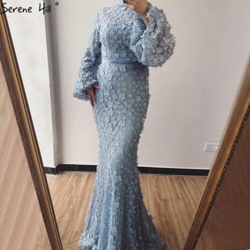 Serene Hill Muslim Blue Long Sleeves Evening Dress Handmade Flowers Tulle Formal Party Wear Gown 2020 Plus Size CLA6293