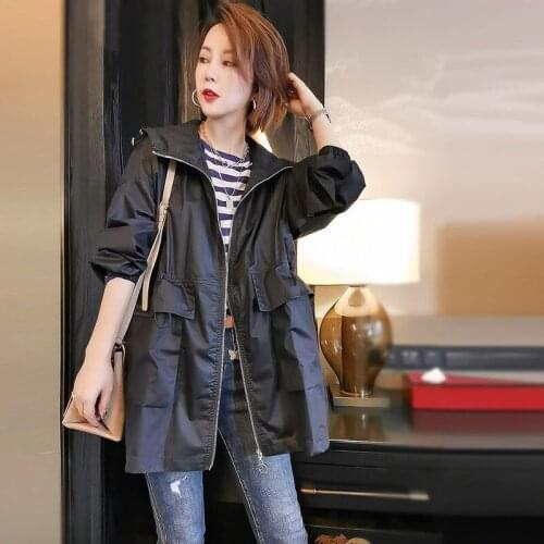 2021 Womens Windbreaker Jackets Mid-Length New Spring Autumn Large Size 3XL fashion Loose Casual Hooded trench coat Female