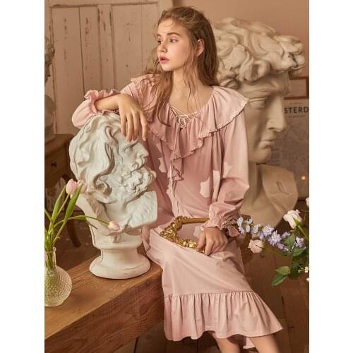 Vintage Soft Cotton Delicate Ruffles Womens Sleepwear Royal Princess Loose Sweet Girls Long Night Dress Home Wear