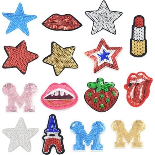 Embroidery Sequin Patch Iron on Clothes Backpack Sticker Star Lips Badge Applique Sew on Patches for Clothing Stripe JOD