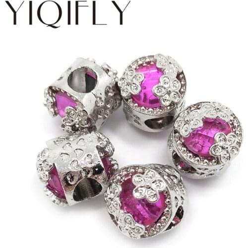 YIQIFLY Free shipping 2017 new 25pcs 12mm round shape big hot pink rhinestone big hole alloy beads fit European bracelet DIY